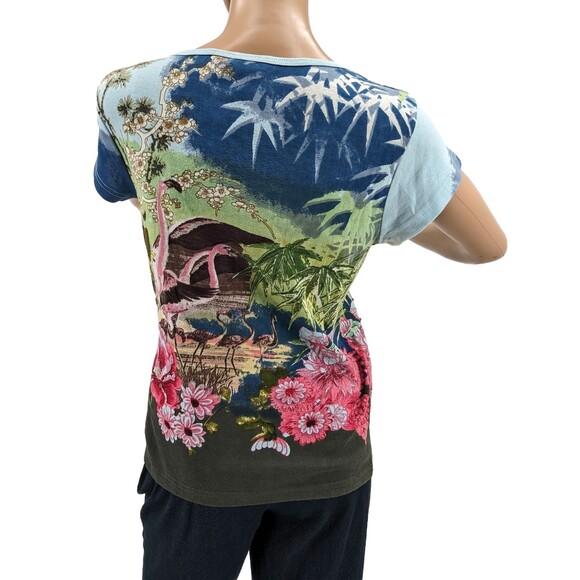 Vintage 90s y2k Take Two Ringer Tee Floral Tropical Falmingo Sequins Size S - Picture 3 of 10